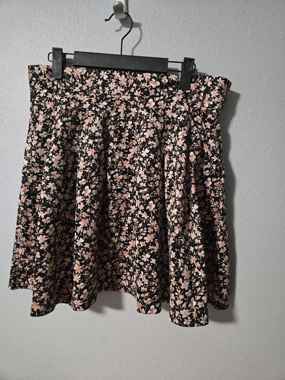 Pleated Black A-Line Skirt with Pink Floral Print